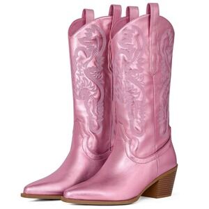 NIB MUCCCUTE Metallic Pink Embroidered Cowboy Boots Knee High Western Sz 7